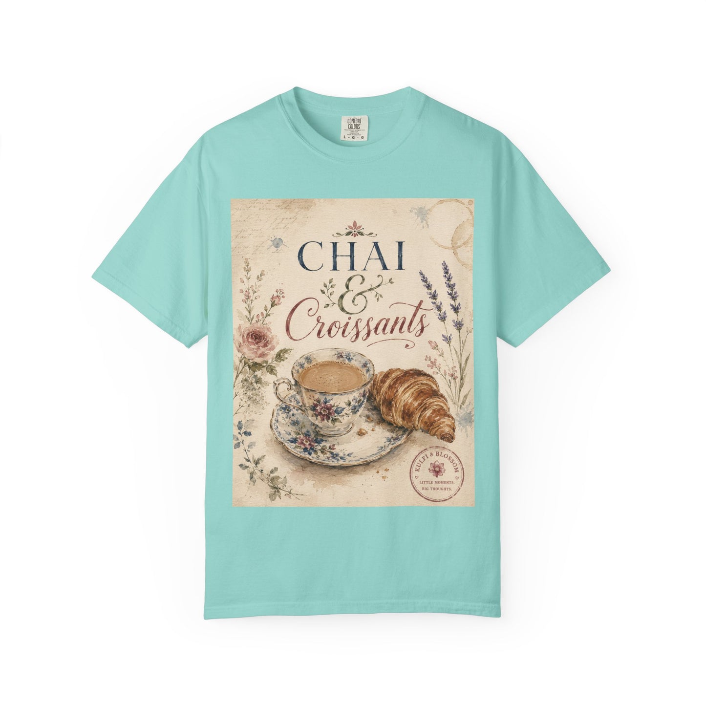 Chai & Croissants T-Shirt — Vintage Tea Cup & Pastry Graphic