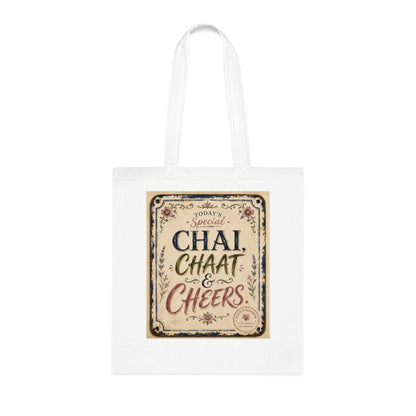 Chai, Chaat & Cheers Cotton Tote — Vintage Indian Street Food Market Bag