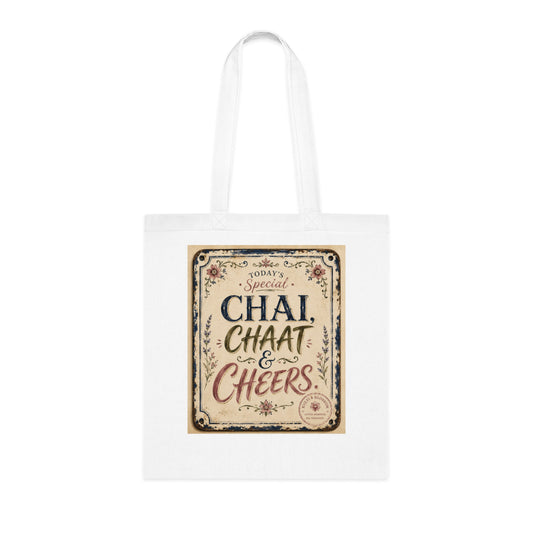 Chai, Chaat & Cheers Cotton Tote — Vintage Indian Street Food Market Bag