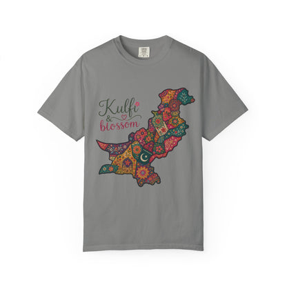 Pakistan Map Floral T‑Shirt — "Kulfi & Blossom" Colorful Paisley Design