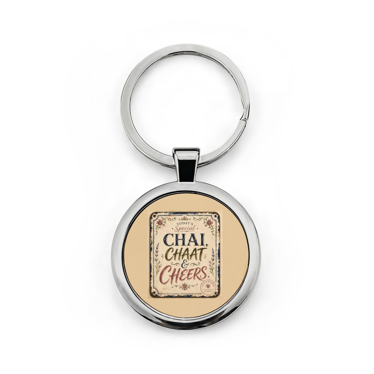 Round Stainless Steel Keychain — "Chai, Chaat & Cheers" Retro Cafe Keyring