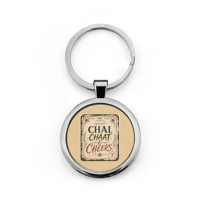 Round Stainless Steel Keychain — "Chai, Chaat & Cheers" Retro Cafe Keyring
