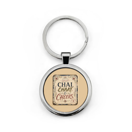 Round Stainless Steel Keychain — "Chai, Chaat & Cheers" Retro Cafe Keyring