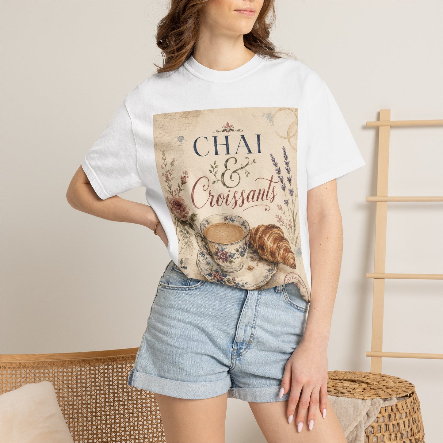 Chai & Croissants T-Shirt — Vintage Tea Cup & Pastry Graphic