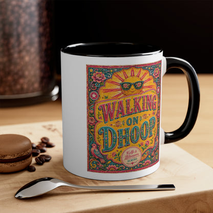 Walking on Dhoop Accent Mug — Bright Retro Sun Graphic Coffee Cup