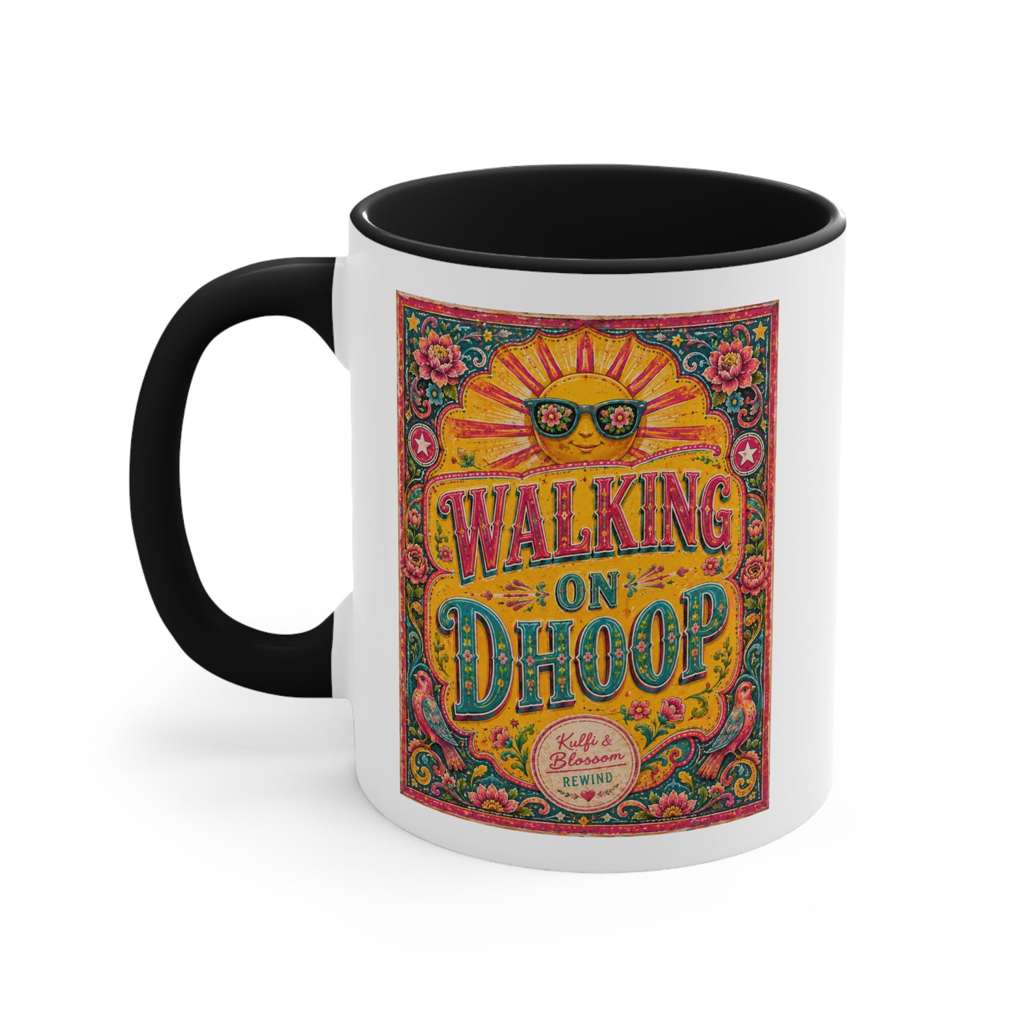 Walking on Dhoop Accent Mug — Bright Retro Sun Graphic Coffee Cup
