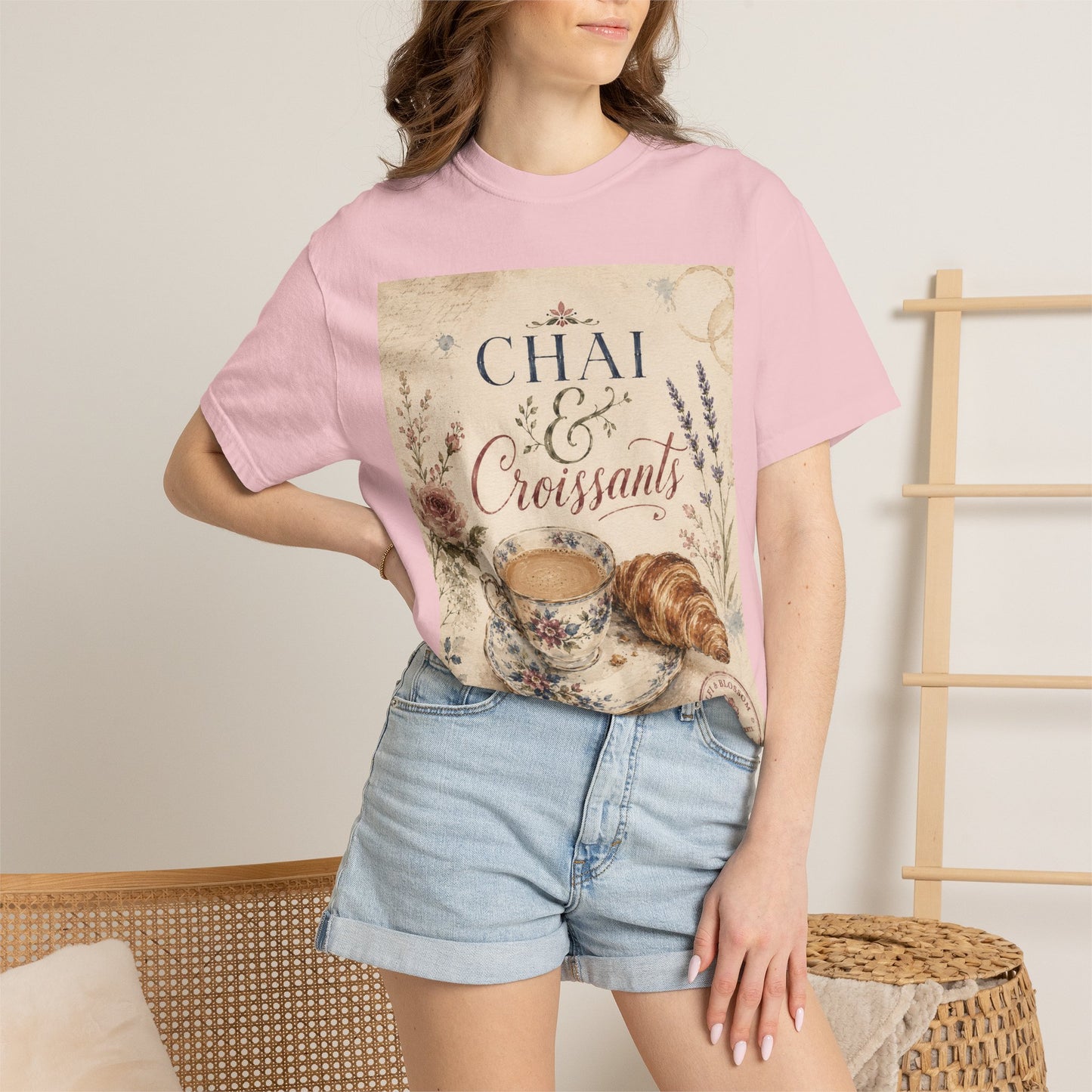 Chai & Croissants T-Shirt — Vintage Tea Cup & Pastry Graphic