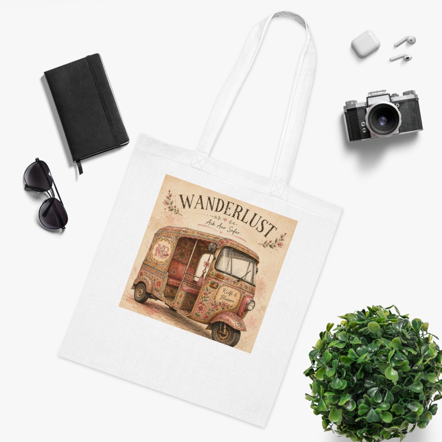 Wanderlust Tuk Tuk Cotton Tote Bag — Vintage Boho Travel Market Bag