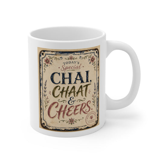 Chai, Chaat & Cheers Mug – Vintage Tea & Snack Lover Coffee Cup