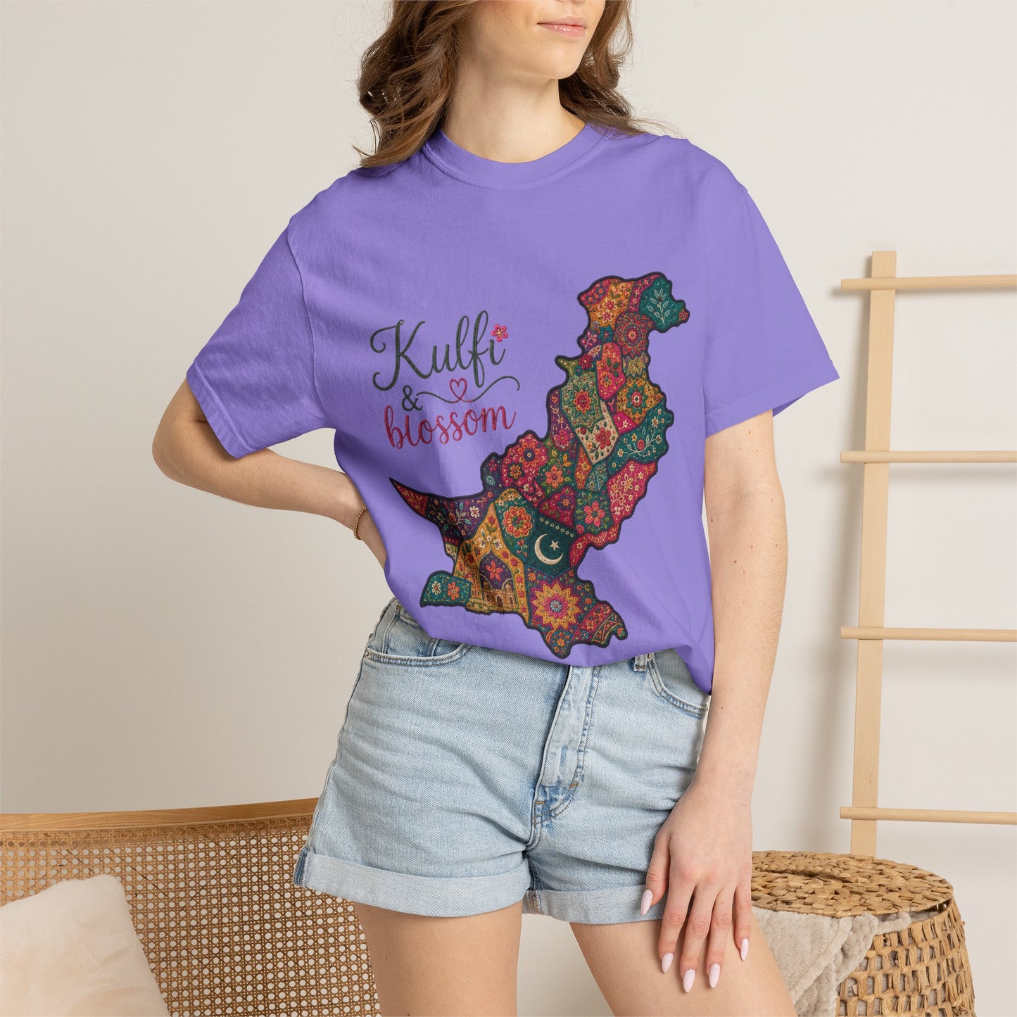 Pakistan Map Floral T‑Shirt — "Kulfi & Blossom" Colorful Paisley Design