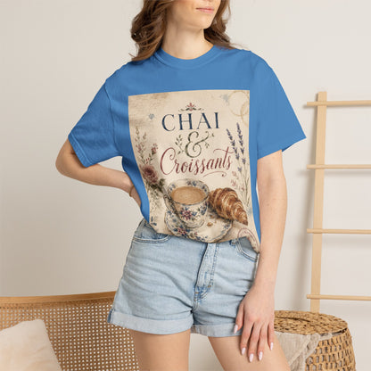 Chai & Croissants T-Shirt — Vintage Tea Cup & Pastry Graphic