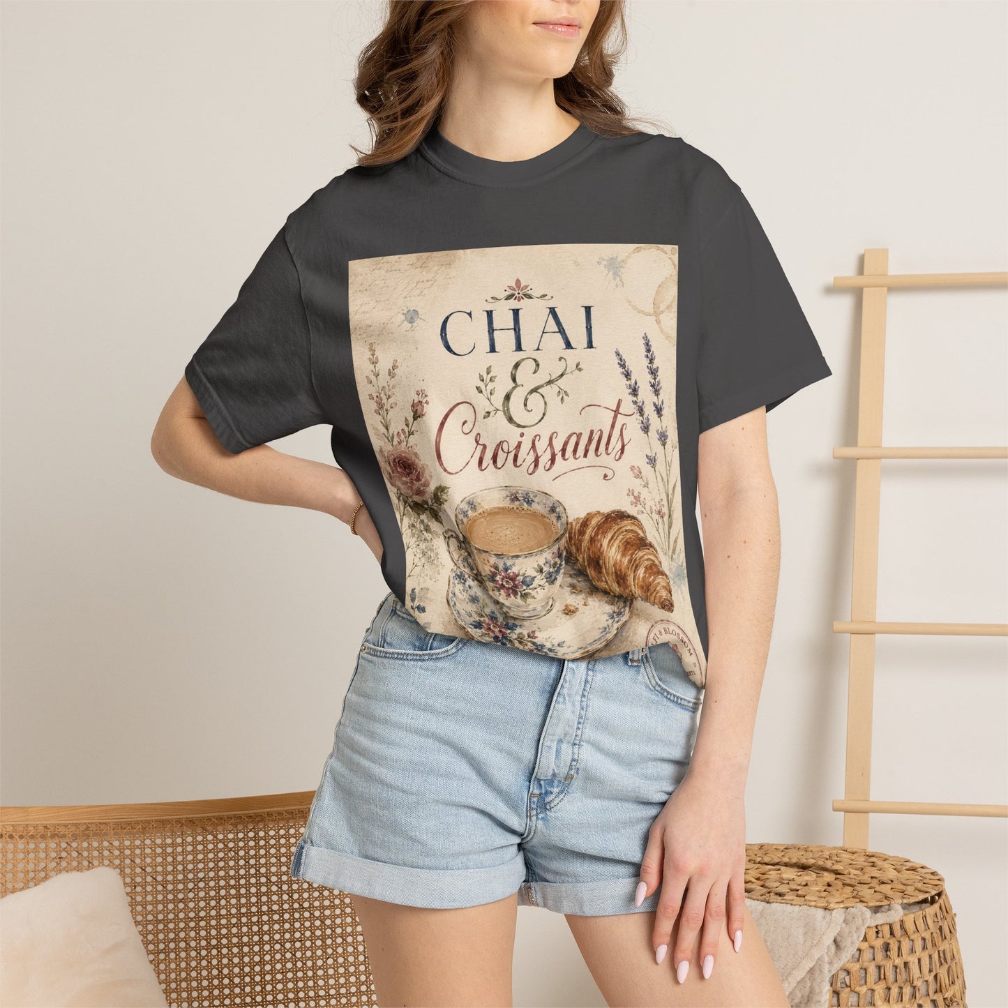 Chai & Croissants T-Shirt — Vintage Tea Cup & Pastry Graphic