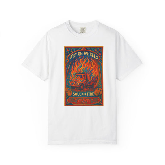 Art on Wheels Soul on Fire Retro T-shirt, Tie-Dye Tee for Art Lovers, Perfect Gift for Festivals, Summer Parties, and Creative Souls