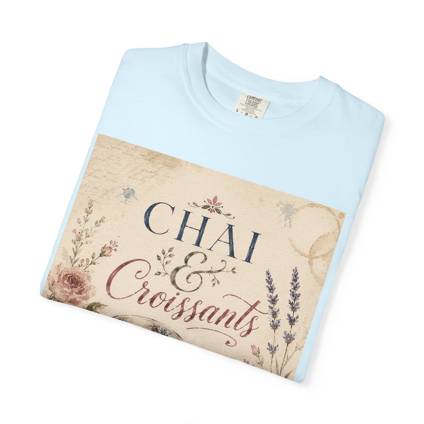 Chai & Croissants T-Shirt — Vintage Tea Cup & Pastry Graphic
