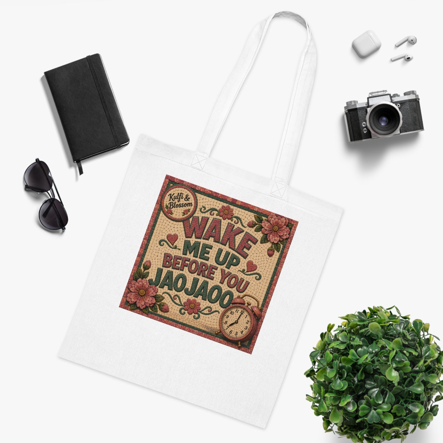 Wake Me Up Before You Jaojaoo Cotton Tote — Retro Floral Alarm Clock Grocery Bag