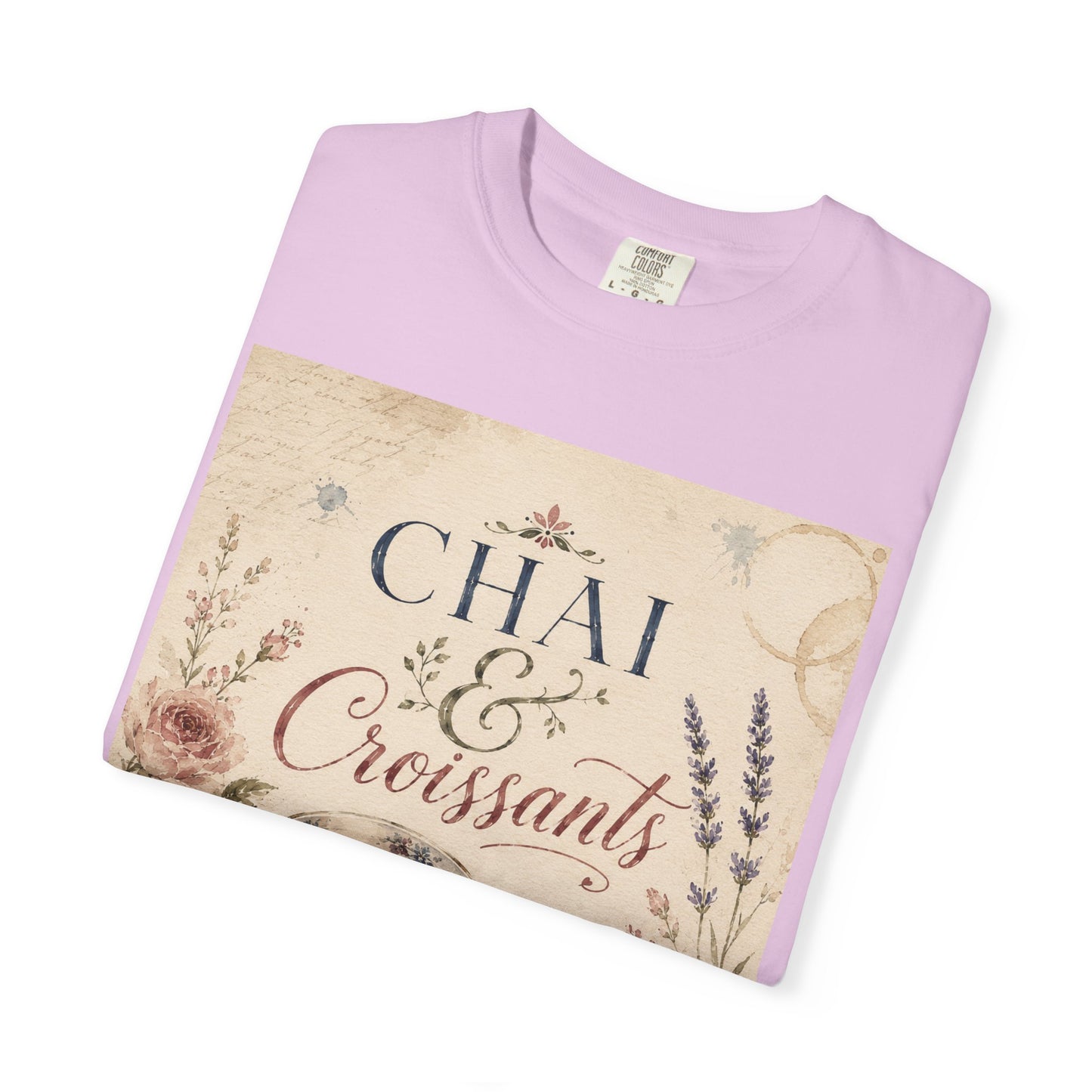 Chai & Croissants T-Shirt — Vintage Tea Cup & Pastry Graphic