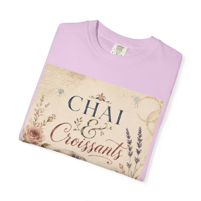 Chai & Croissants T-Shirt — Vintage Tea Cup & Pastry Graphic