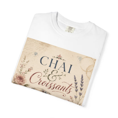 Chai & Croissants T-Shirt — Vintage Tea Cup & Pastry Graphic