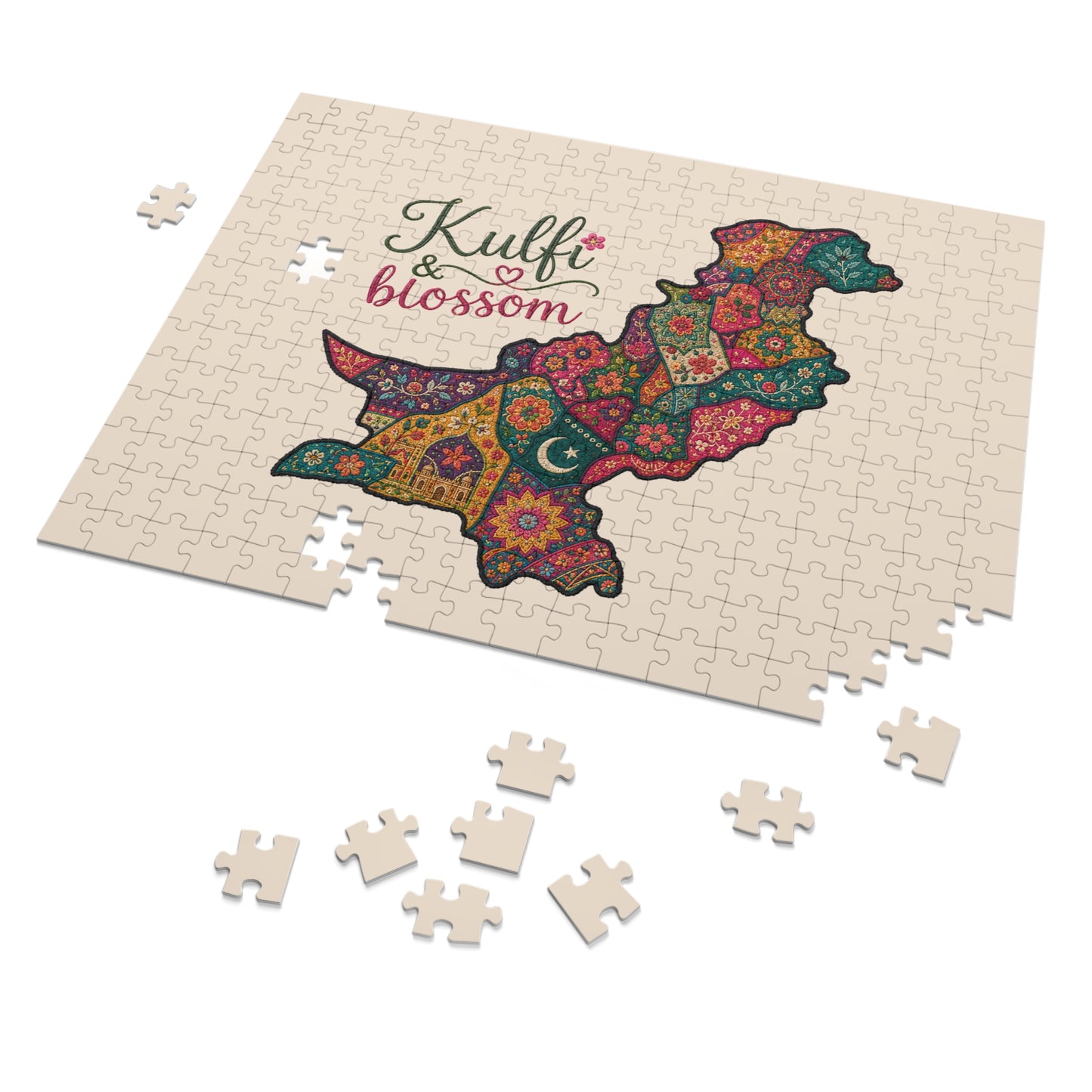 Pakistan Map Jigsaw Puzzle with Tin – 'Kulfi & Blossom' Floral Pattern, 252-Piece Gift