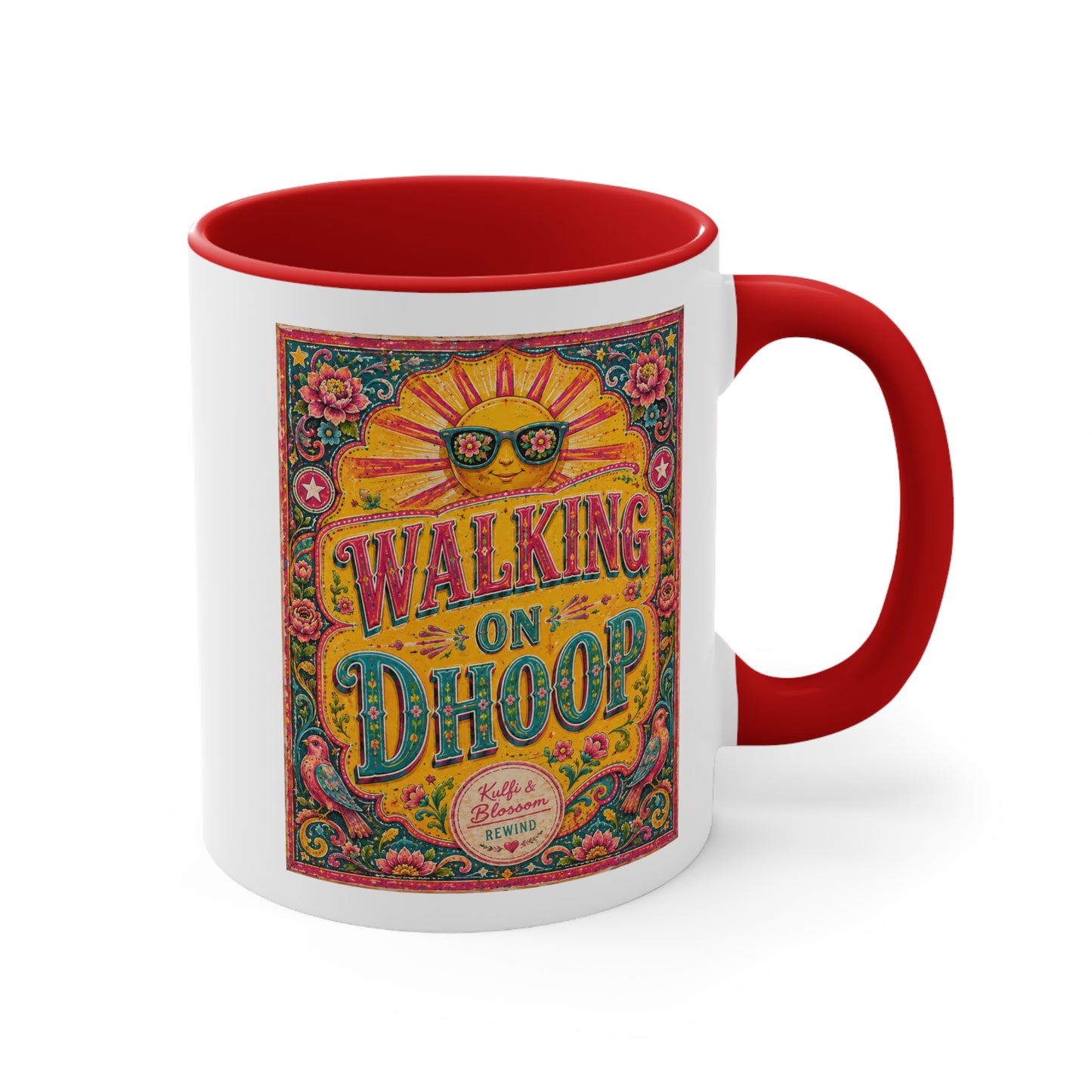 Walking on Dhoop Accent Mug — Bright Retro Sun Graphic Coffee Cup