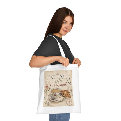 Chai & Croissants Cotton Tote Bag — Vintage Tea Cup & Pastry Market Tote