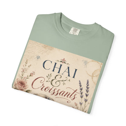 Chai & Croissants T-Shirt — Vintage Tea Cup & Pastry Graphic
