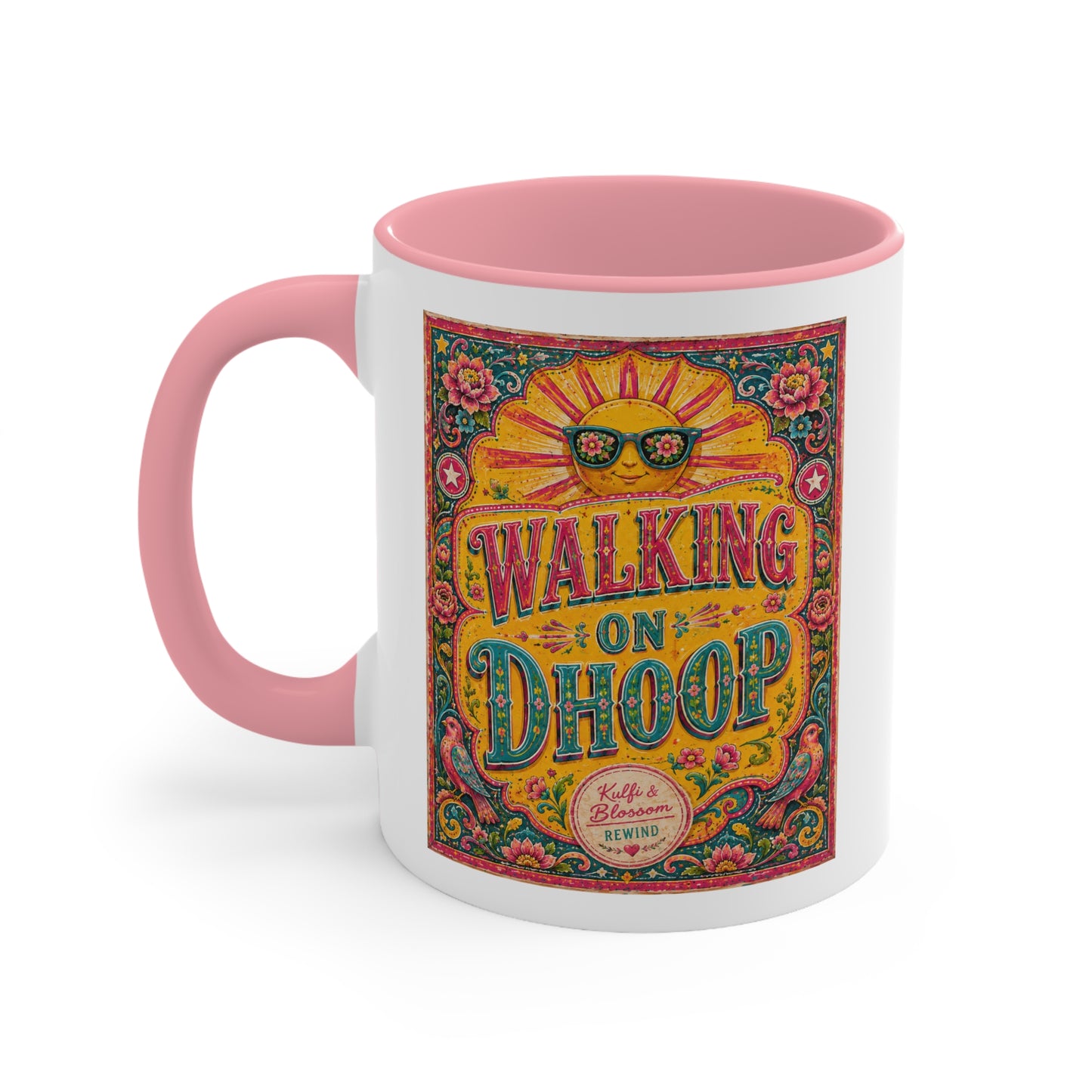 Walking on Dhoop Accent Mug — Bright Retro Sun Graphic Coffee Cup