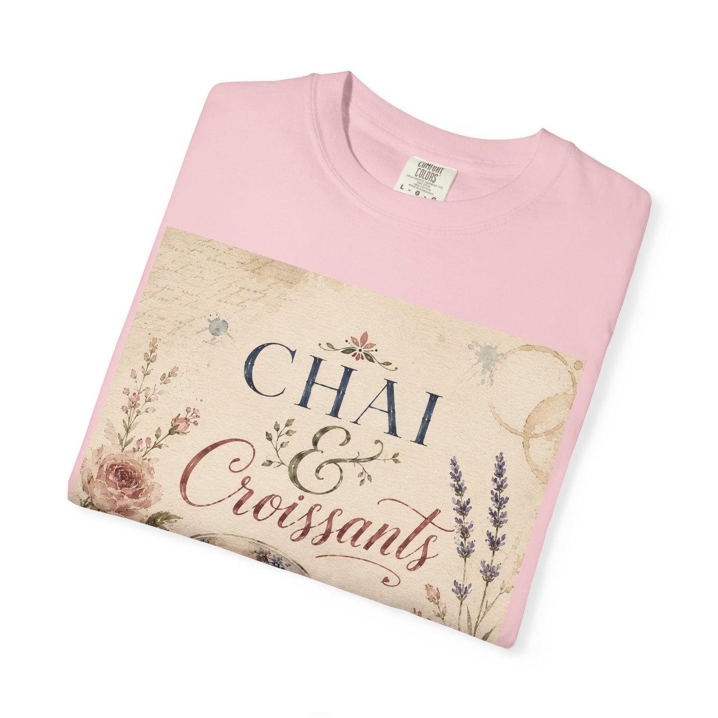 Chai & Croissants T-Shirt — Vintage Tea Cup & Pastry Graphic