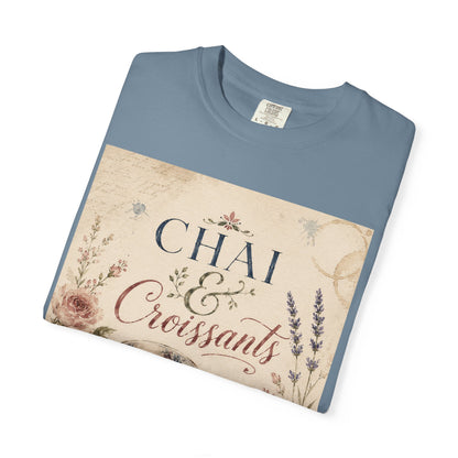 Chai & Croissants T-Shirt — Vintage Tea Cup & Pastry Graphic