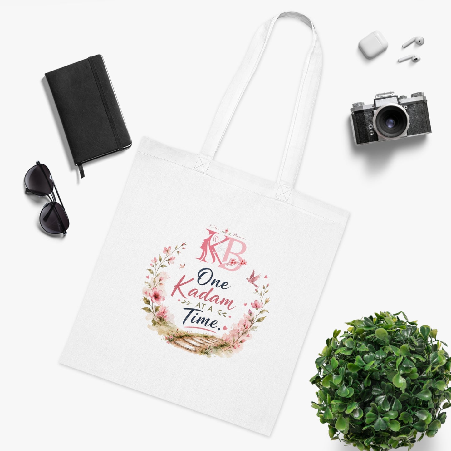 One Kadam at a Time Cotton Tote — Inspirational Floral Muslim Tote Bag