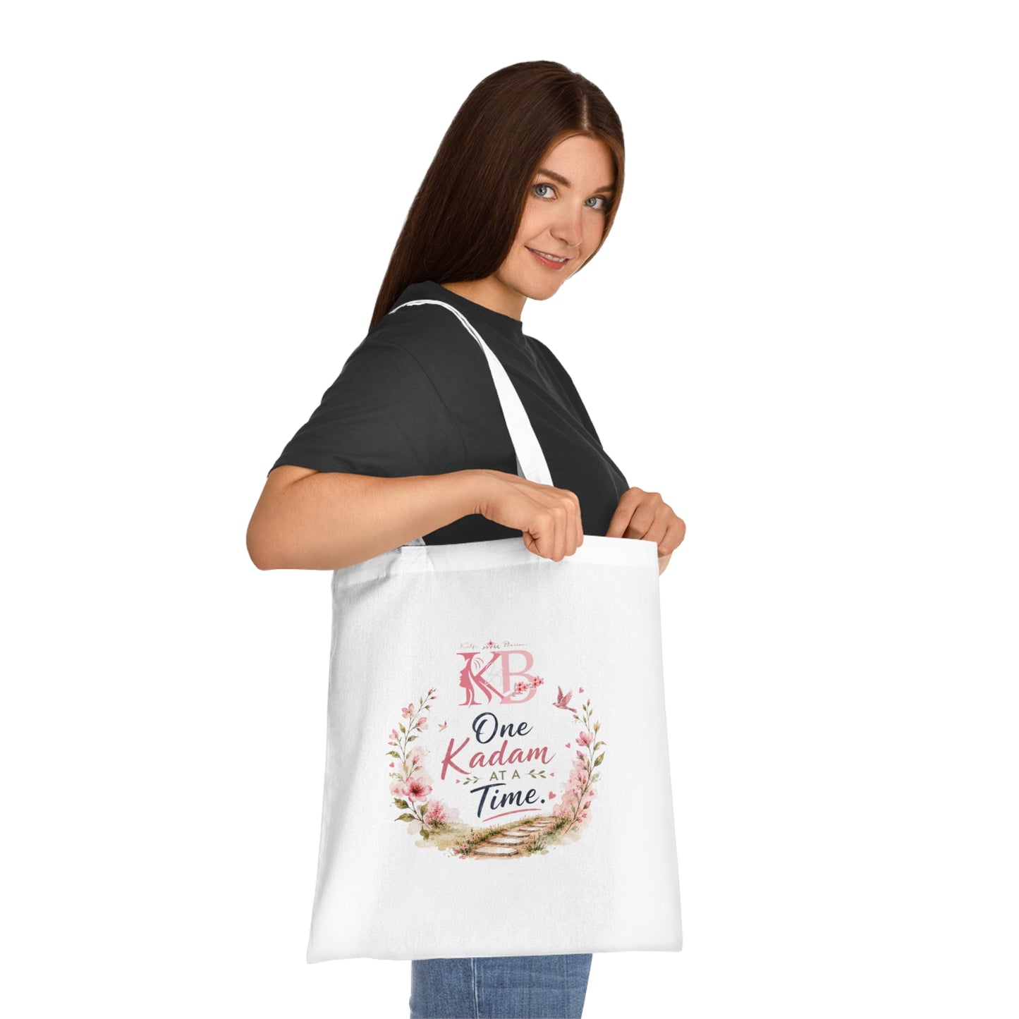 One Kadam at a Time Cotton Tote — Inspirational Floral Muslim Tote Bag