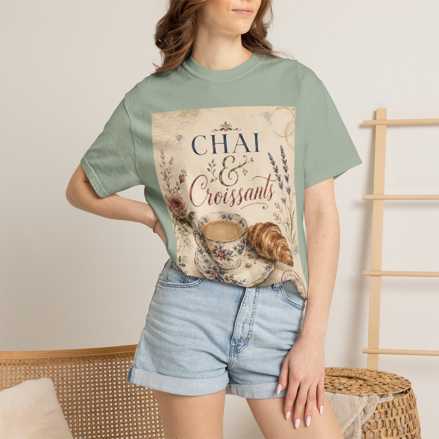 Chai & Croissants T-Shirt — Vintage Tea Cup & Pastry Graphic