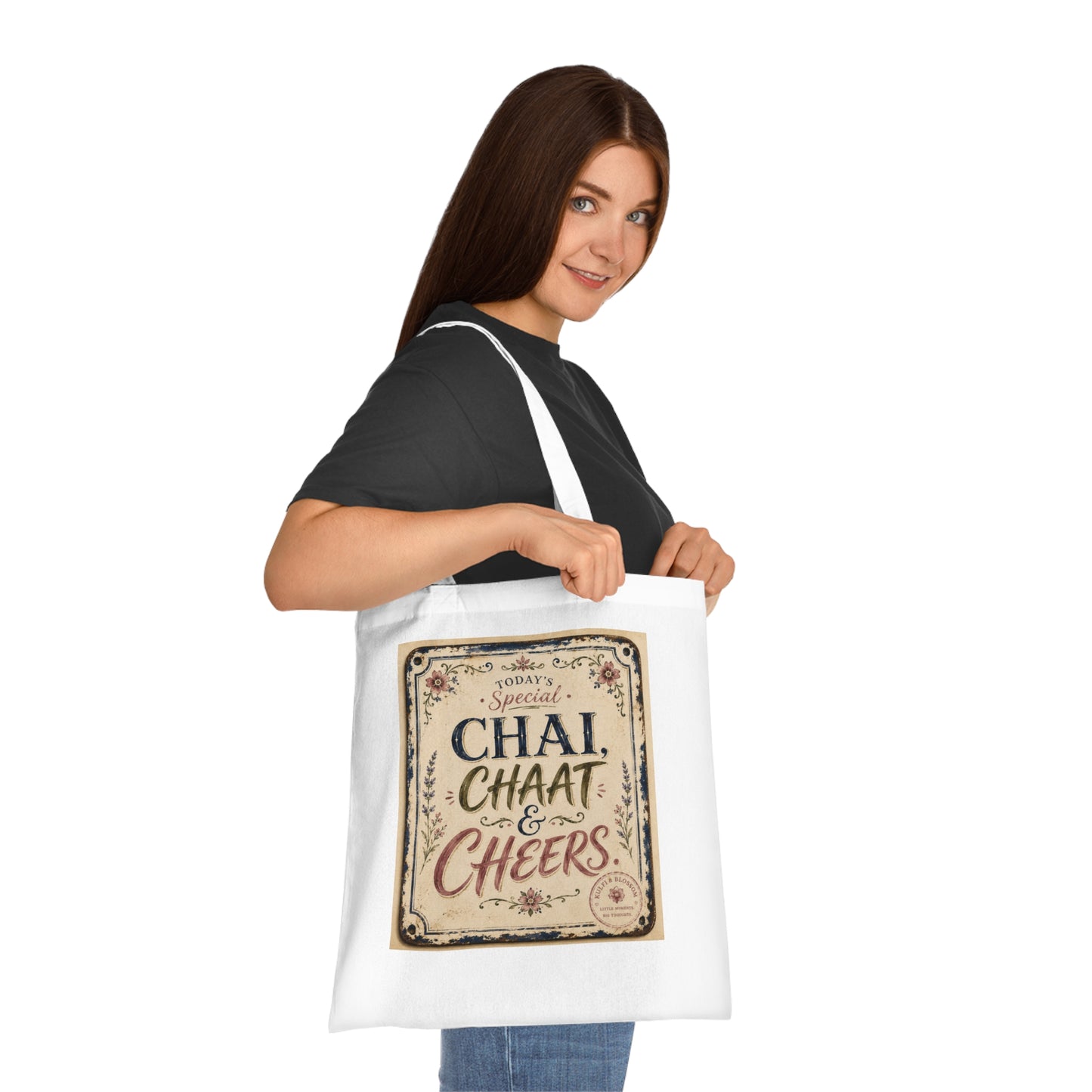 Chai, Chaat & Cheers Cotton Tote — Vintage Indian Street Food Market Bag