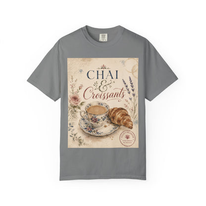 Chai & Croissants T-Shirt — Vintage Tea Cup & Pastry Graphic
