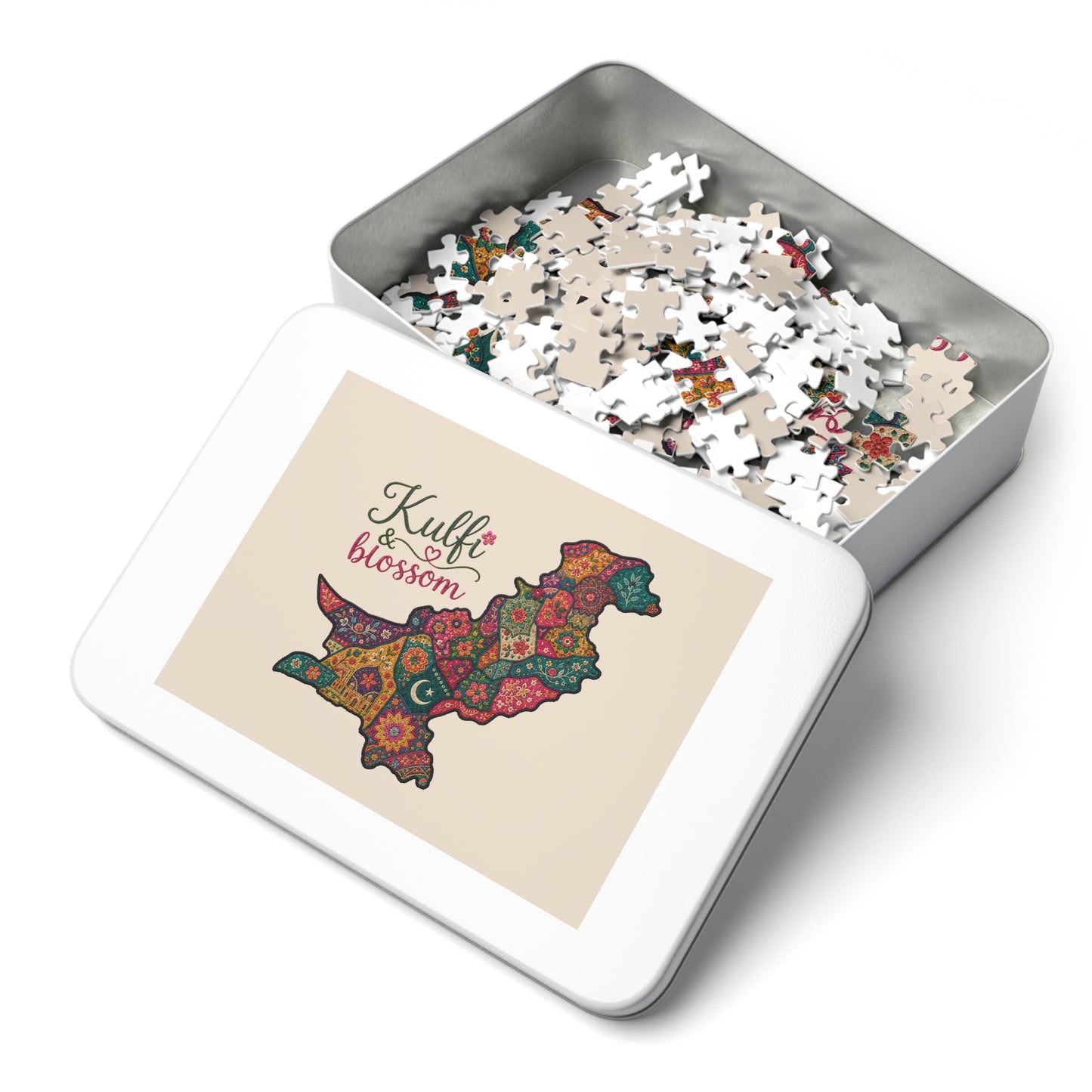 Pakistan Map Jigsaw Puzzle with Tin – 'Kulfi & Blossom' Floral Pattern, 252-Piece Gift