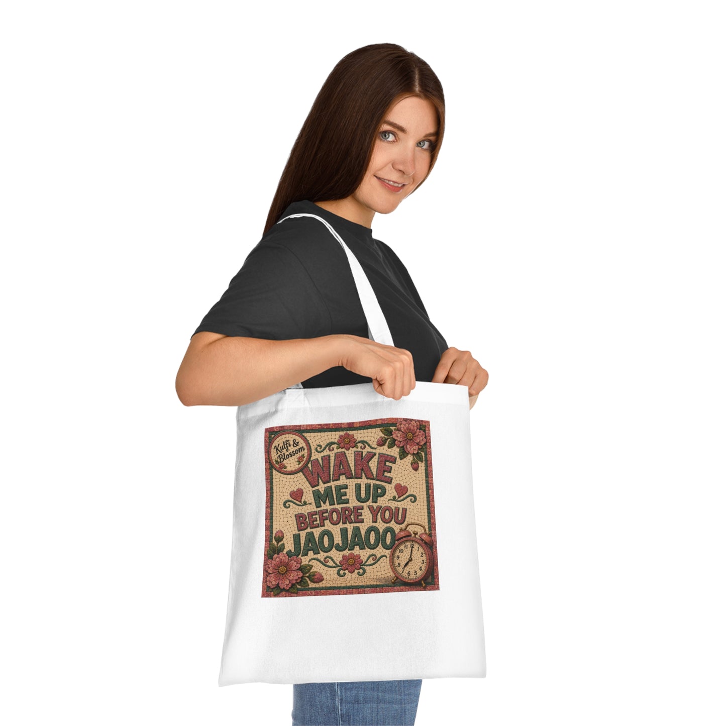 Wake Me Up Before You Jaojaoo Cotton Tote — Retro Floral Alarm Clock Grocery Bag