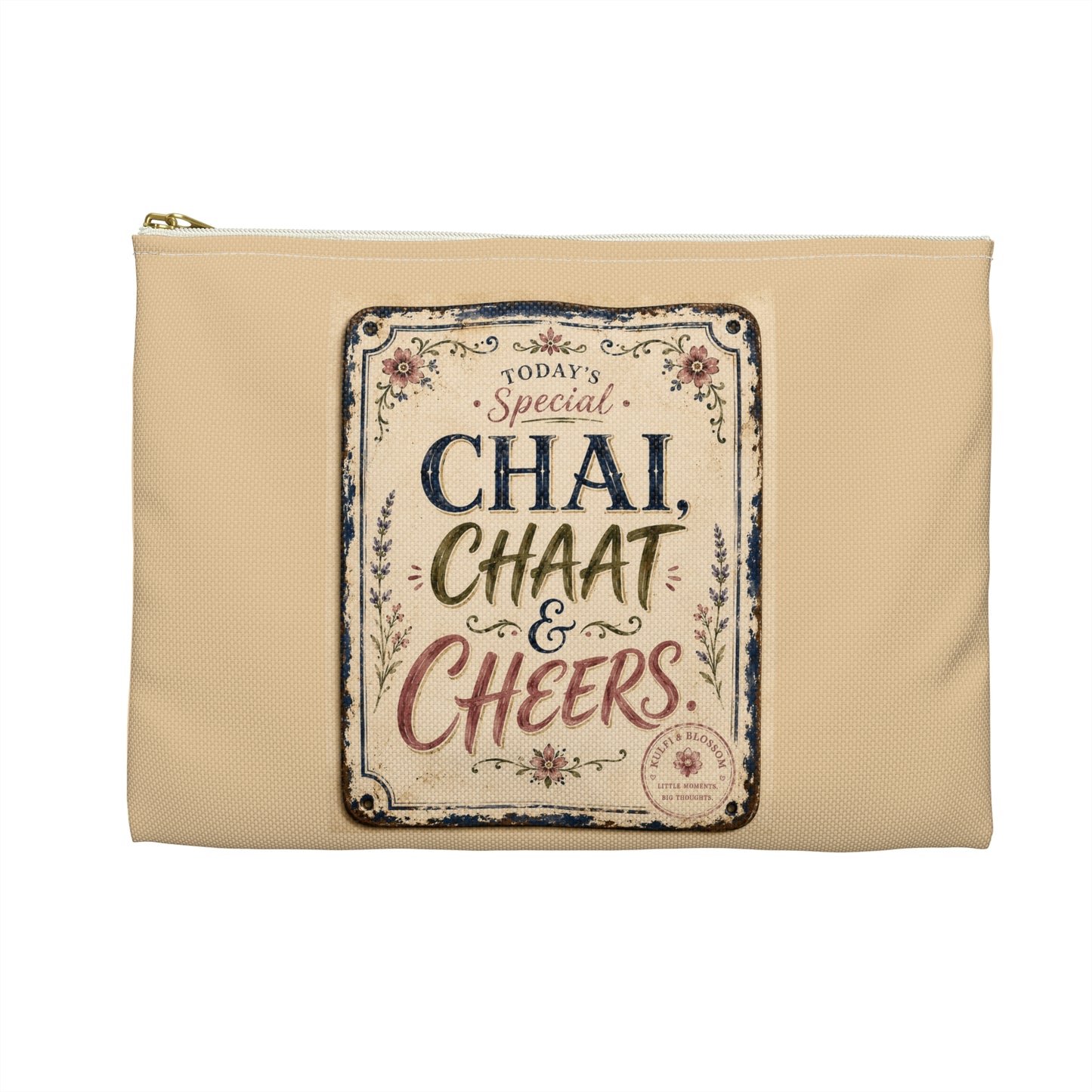 Chai, Chaat & Cheers Accessory Pouch — Vintage Indian Tea & Snack Travel Organizer