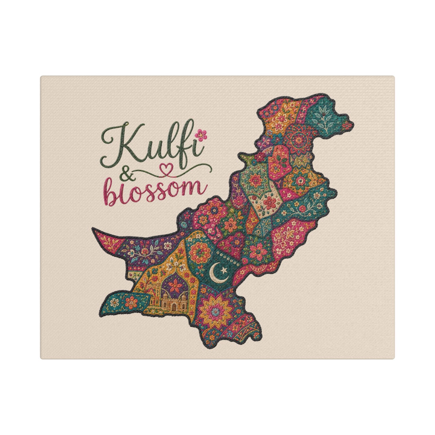 Pakistan Floral Map Satin Canvas Print — “Kulfi & Blossom” Stretched Wall Art
