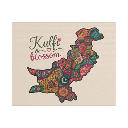 Pakistan Floral Map Satin Canvas Print — “Kulfi & Blossom” Stretched Wall Art