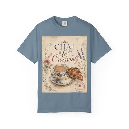 Chai & Croissants T-Shirt — Vintage Tea Cup & Pastry Graphic