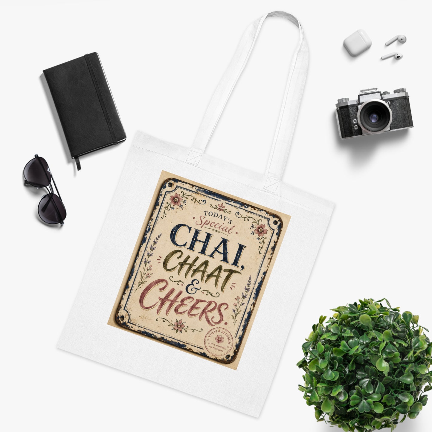 Chai, Chaat & Cheers Cotton Tote — Vintage Indian Street Food Market Bag