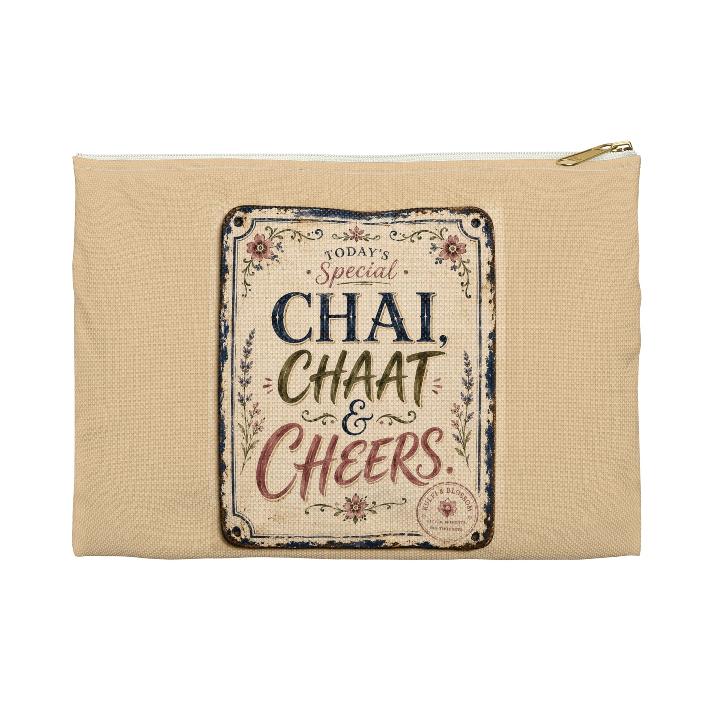 Chai, Chaat & Cheers Accessory Pouch — Vintage Indian Tea & Snack Travel Organizer