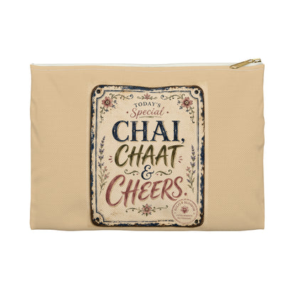 Chai, Chaat & Cheers Accessory Pouch — Vintage Indian Tea & Snack Travel Organizer
