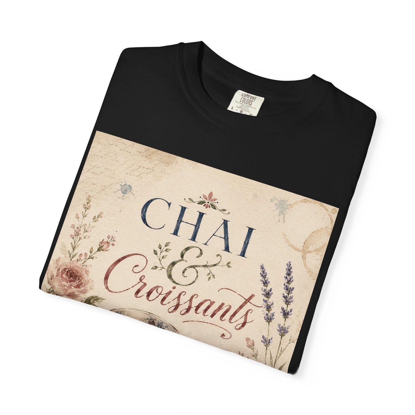 Chai & Croissants T-Shirt — Vintage Tea Cup & Pastry Graphic