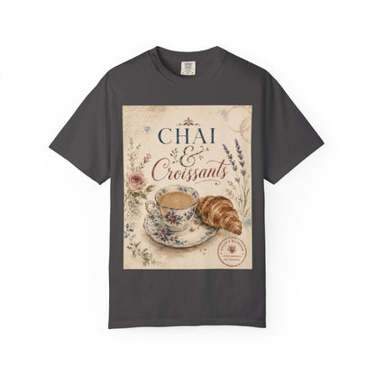 Chai & Croissants T-Shirt — Vintage Tea Cup & Pastry Graphic