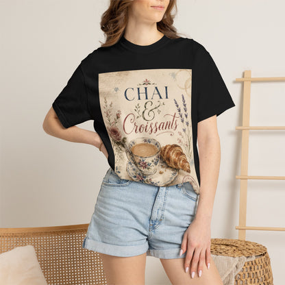 Chai & Croissants T-Shirt — Vintage Tea Cup & Pastry Graphic