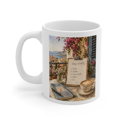 Coffee Mug — Scenic Balcony Morning with 'Today's Checklist'