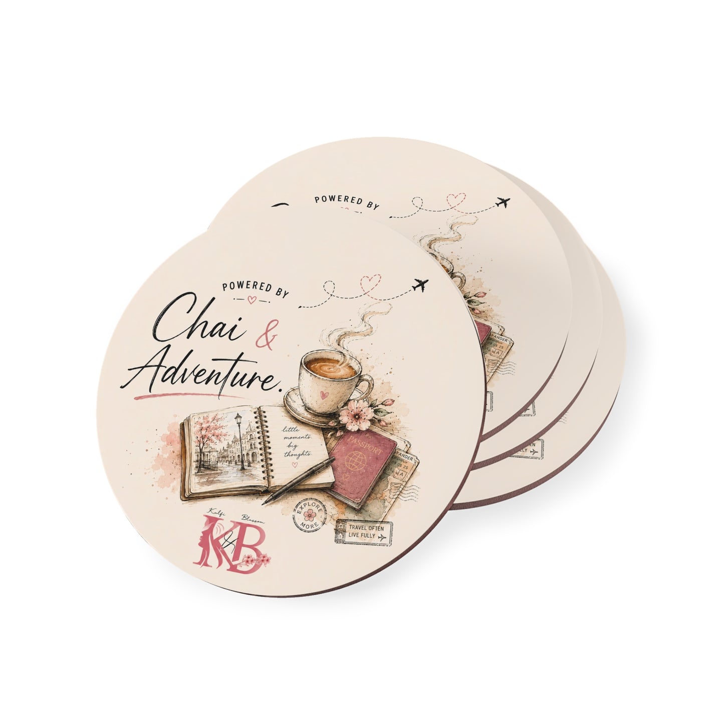Chai & Adventure Illustrated Travel & Tea Cork Coaster