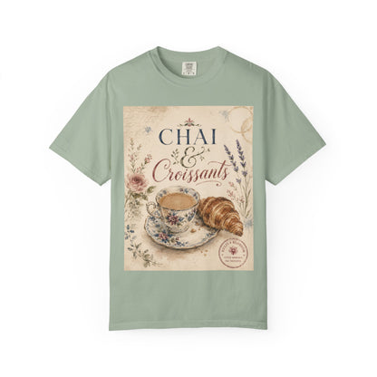 Chai & Croissants T-Shirt — Vintage Tea Cup & Pastry Graphic