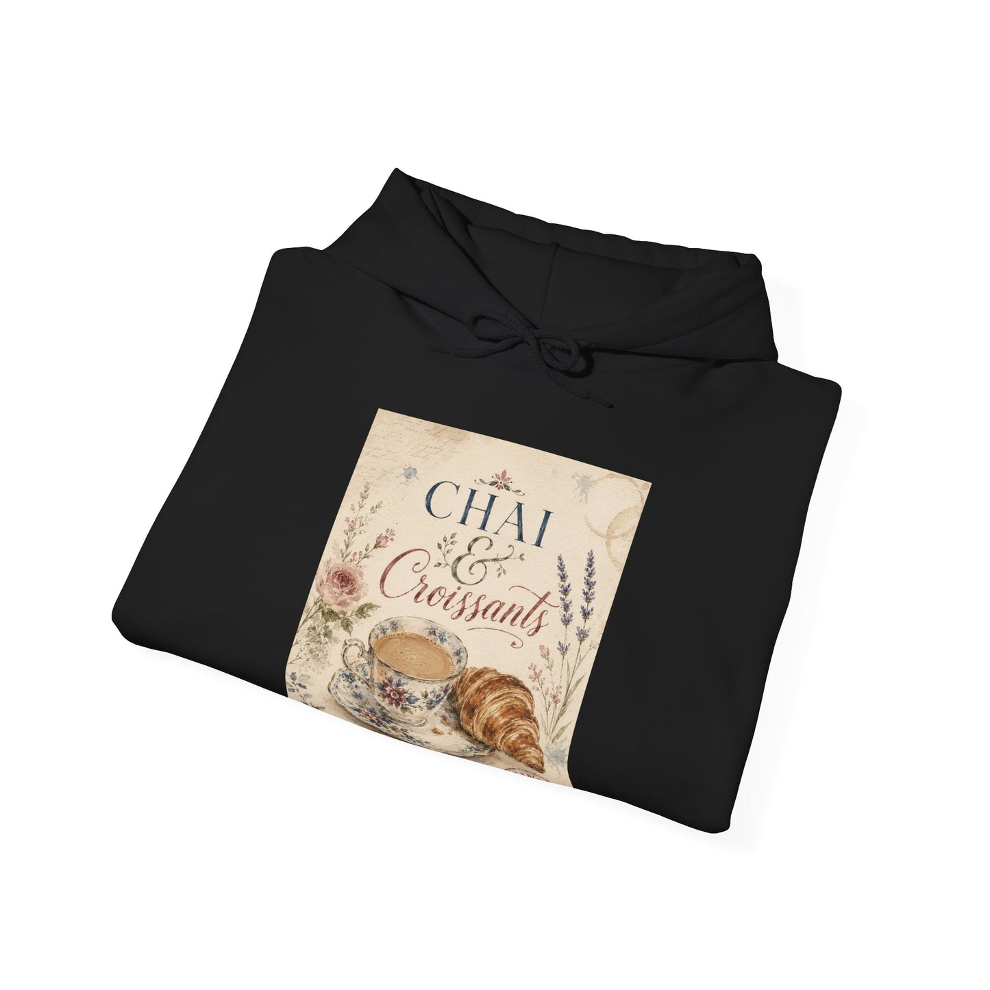 Chai & Croissants Hoodie — Vintage Café Tea and Pastries Sweatshirt